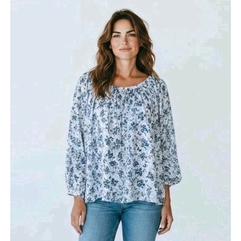 DÔEN Jeanne Top Songbird Toile Blue White Floral Puff Sleeve Blouse Size M EUC
